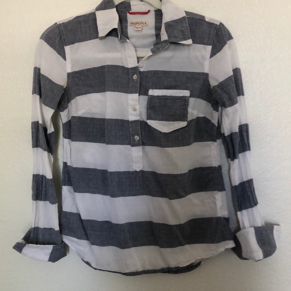 Navy and white striped button down shirt